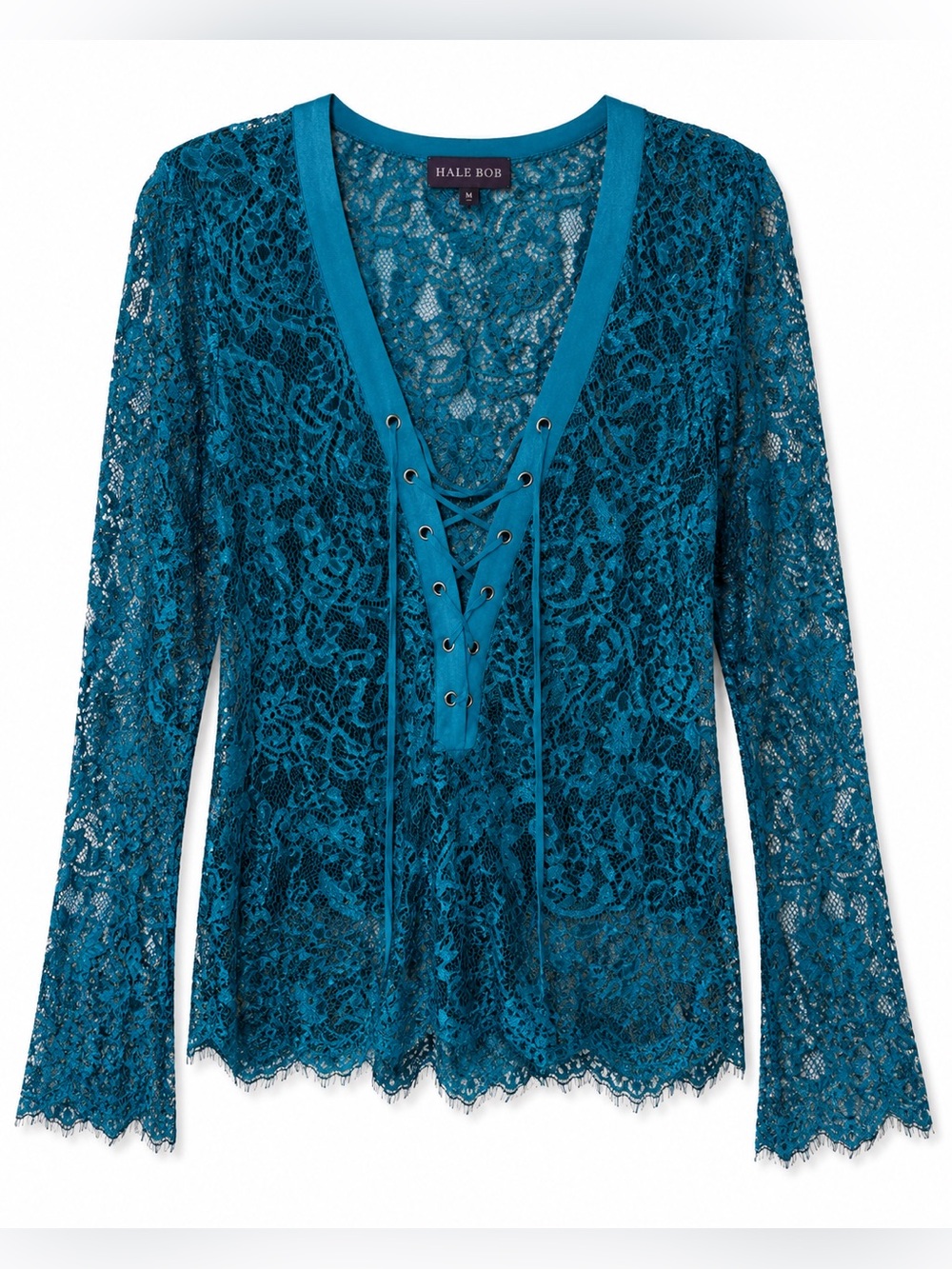 Hale Bob M Teal Lace Up Blouse Sheer Floral Y2K Whimsigoth Boho Romantic Top
